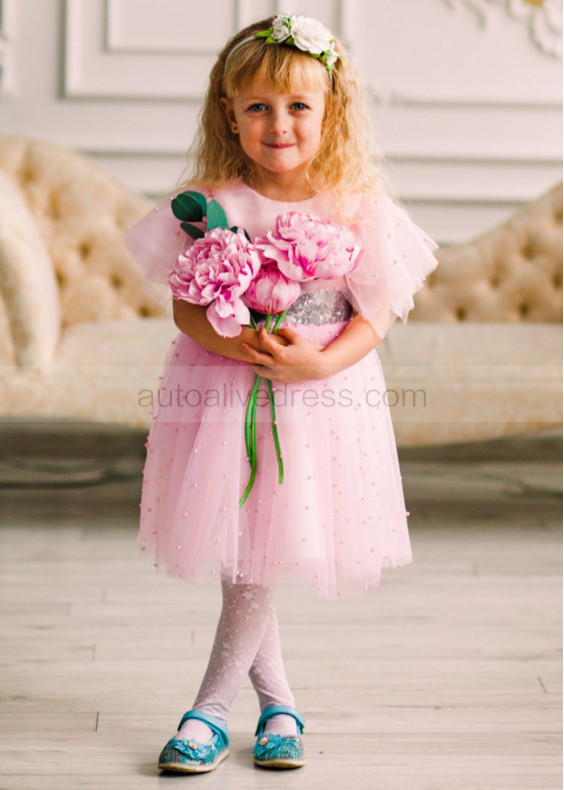 Pink Tulle Pearls Flower Girl Dress With Silver Bow